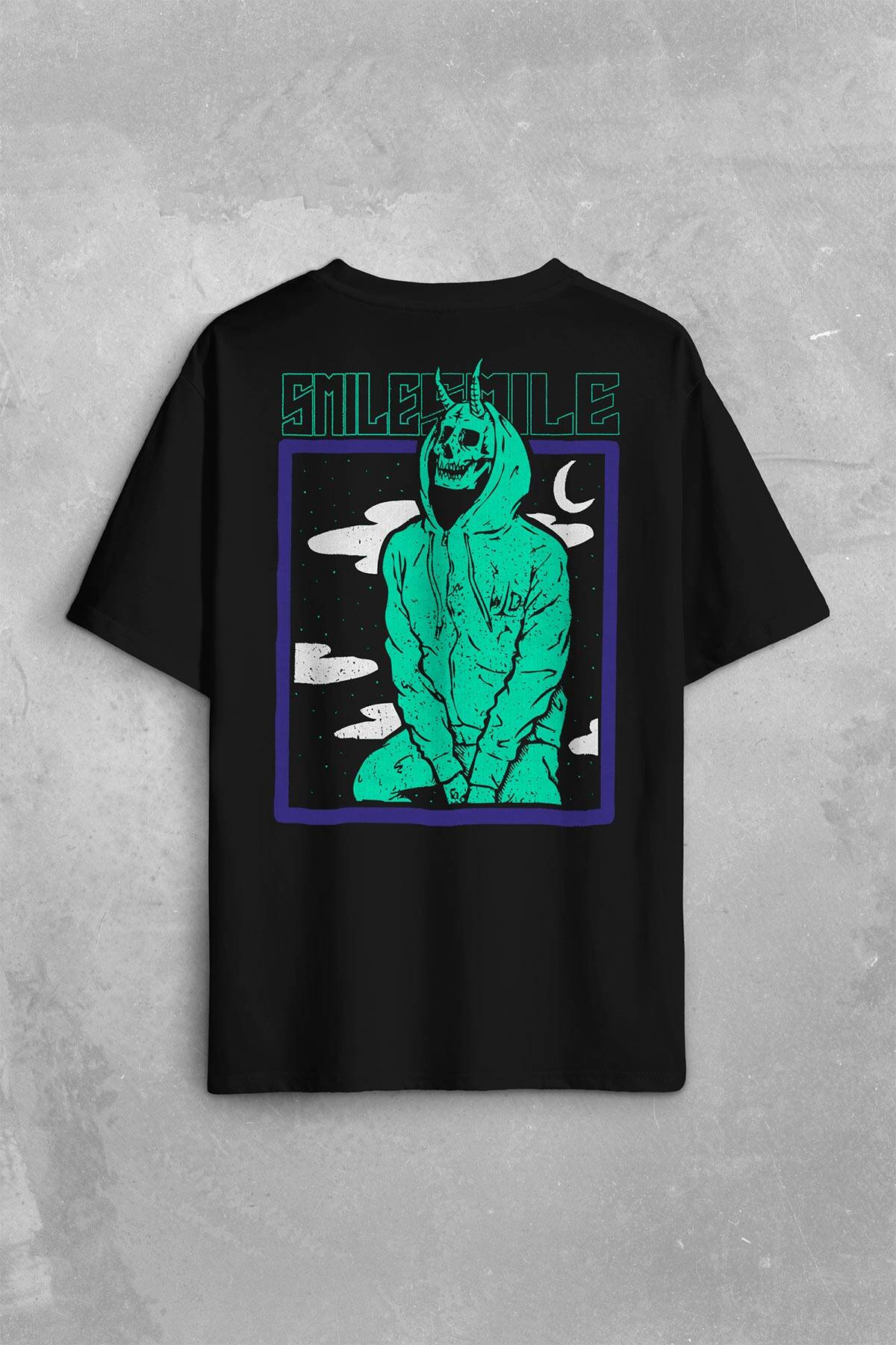Smile Skull Urban Wear Street Culture Kuru Kafa Y2K Sırt Ön Baskılı Oversize Tişört Unisex T-Shirt - 1