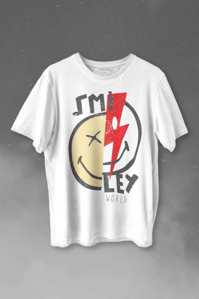 Smile World Urban Street Culture Gülen Surat Baskılı Tişört Unisex T-shirt - 1
