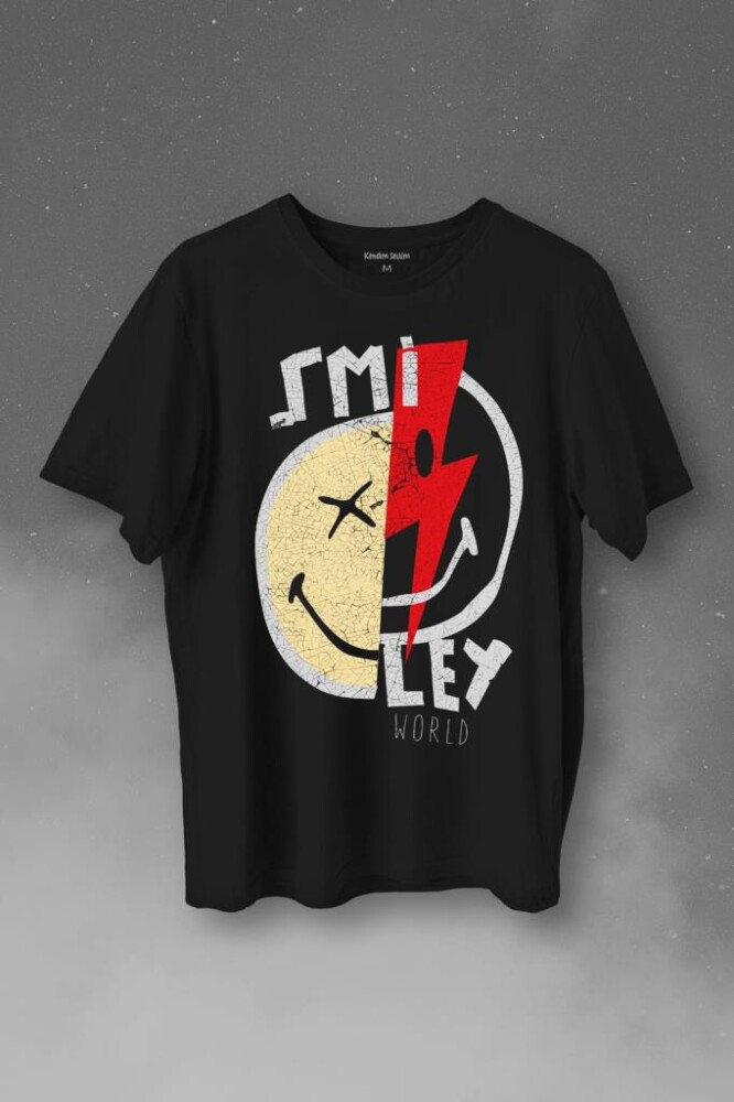 Smile World Urban Street Culture Gülen Surat Baskılı Tişört Unisex T-Shirt - 1