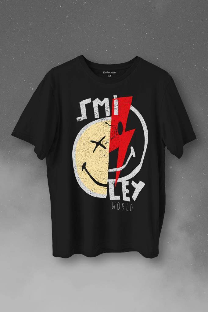 Smile World Urban Street Culture Gülen Surat Baskılı Tişört Unisex T-Shirt - 1