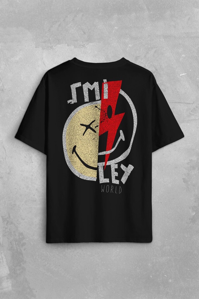 Smile World Urban Street Culture Gülen Surat Sırt Ön Baskılı Oversize Tişört Unisex T-Shirt - 1