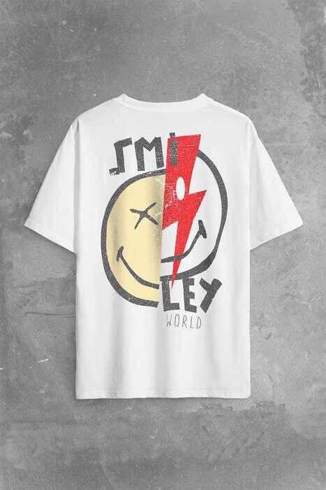 Smile World Urban Street Culture Gülen Surat Sırt Ön Baskılı Oversize Tişört Unisex T-Shirt - 1