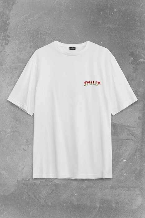 Smile World Urban Street Culture Gülen Surat Sırt Ön Baskılı Oversize Tişört Unisex T-Shirt - 2