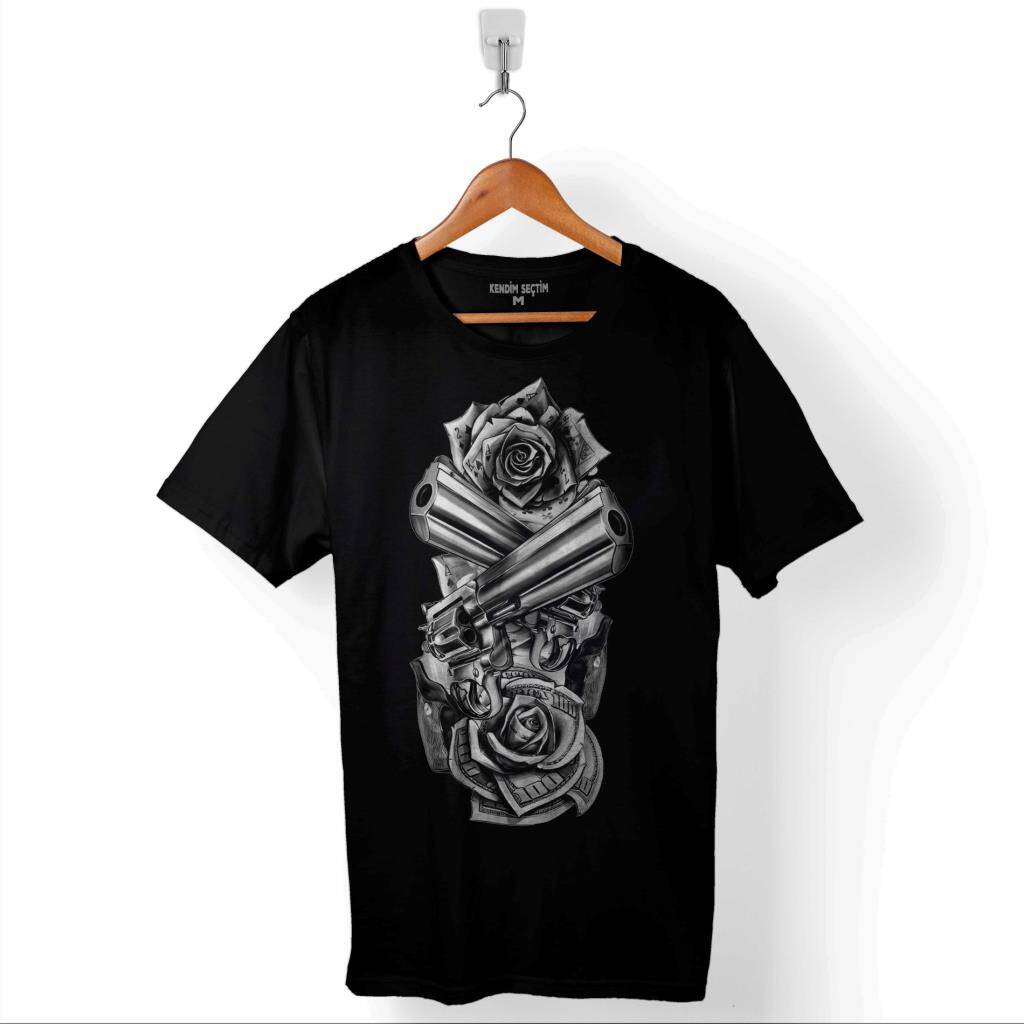 Smith Wesson Revolver Gungs Tabanca Gül Beyaz Baskılı Tişört Unisex T-Shirt - 1