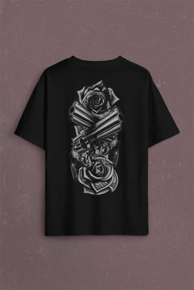 Smith Wesson Revolver Gungs Tabanca Gül Beyaz Sırt Ön Baskılı Oversize Tişört Unisex T-Shirt - 2