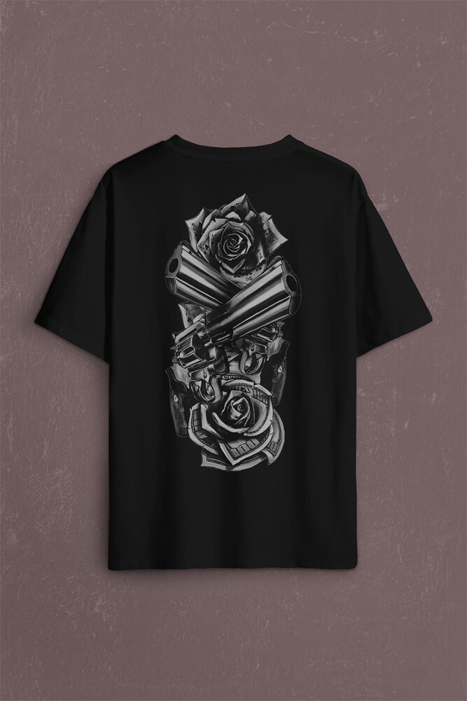 Smith Wesson Revolver Gungs Tabanca Gül Beyaz Sırt Ön Baskılı Oversize Tişört Unisex T-Shirt - 2