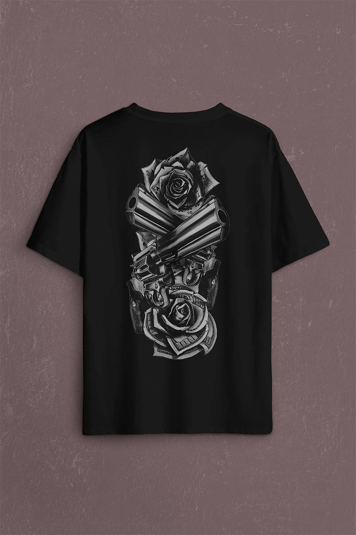 Smith Wesson Revolver Gungs Tabanca Gül Beyaz Sırt Ön Baskılı Oversize Tişört Unisex T-Shirt (1)