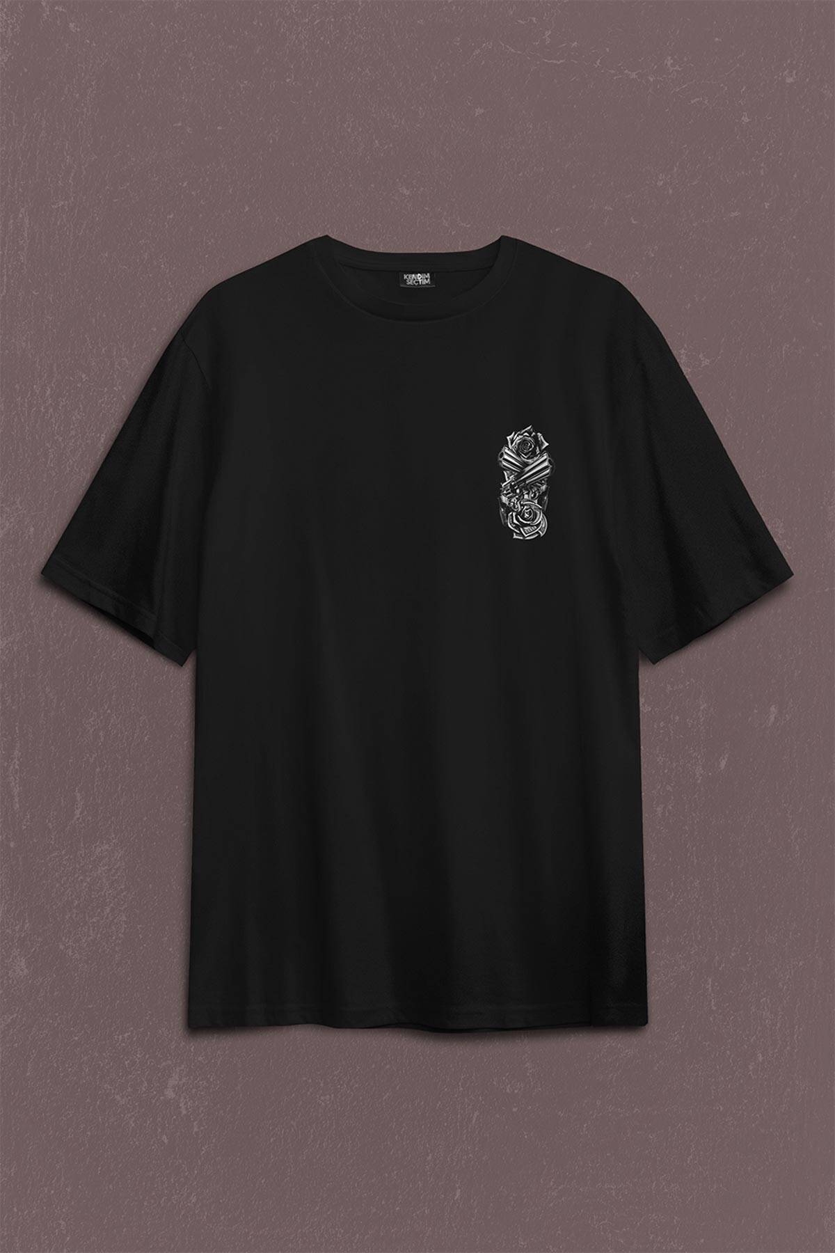 Smith Wesson Revolver Gungs Tabanca Gül Beyaz Sırt Ön Baskılı Oversize Tişört Unisex T-Shirt - 1