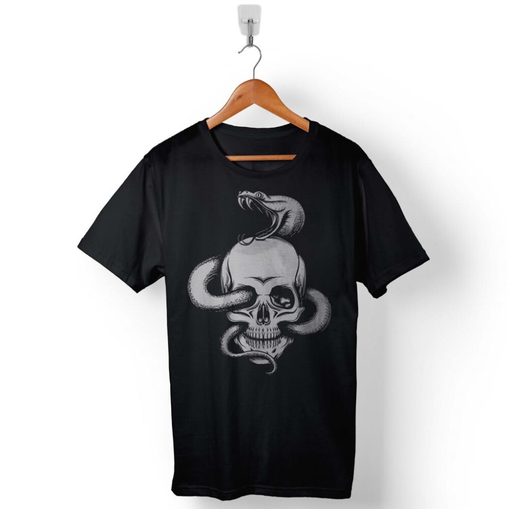 Snake And Skull Kuru Kafa Kobra Yılan Skeleton Baskılı Tişört Unisex T-Shirt - 1