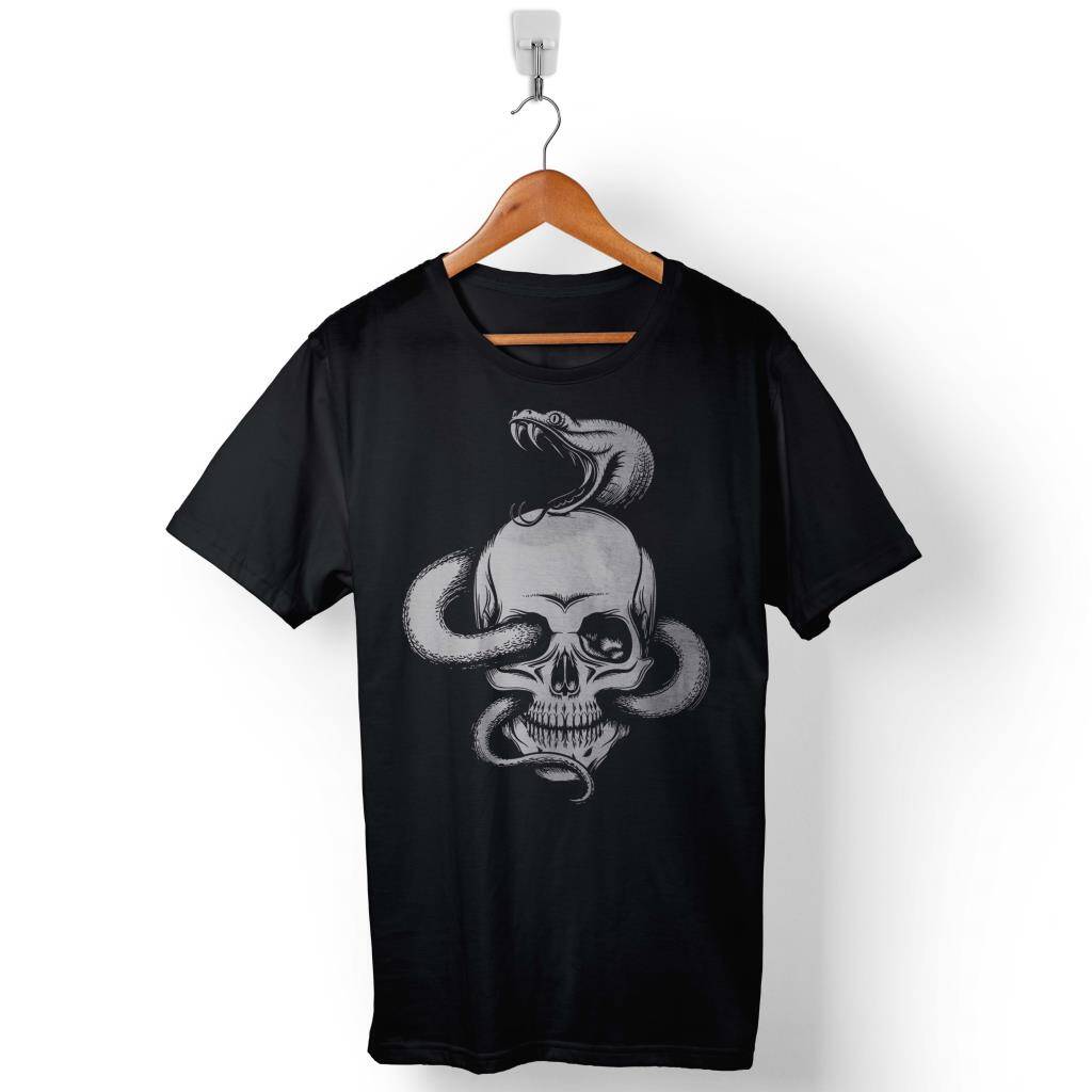 Snake And Skull Kuru Kafa Kobra Yılan Skeleton Baskılı Tişört Unisex T-Shirt - 1