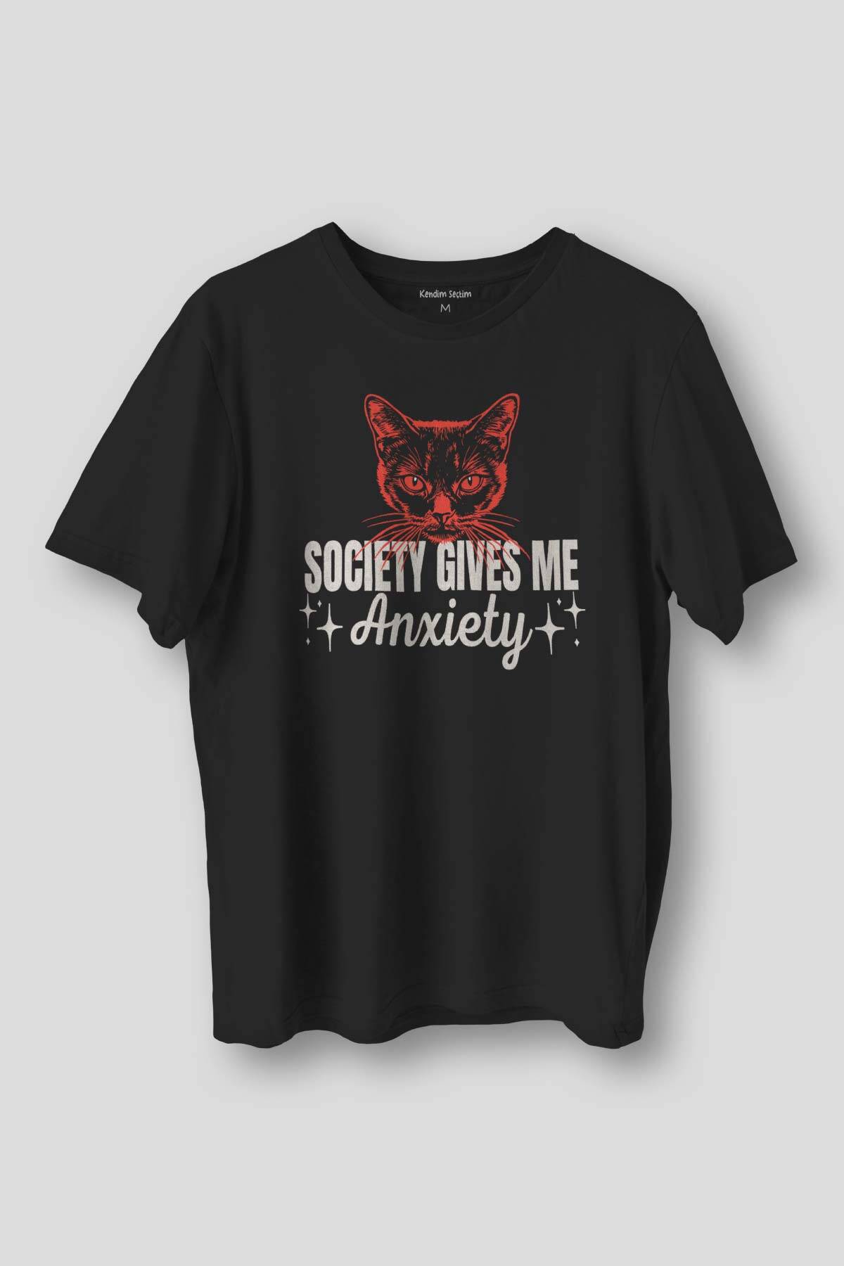 Society Gives Me Anxiety Sosyal Anksiyete Kedi Cat Baskılı Tişört Unisex Siyah T-shirt - 1