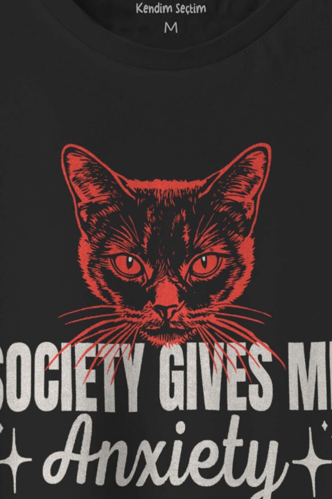 Society Gives Me Anxiety Sosyal Anksiyete Kedi Cat Baskılı Tişört Unisex Siyah T-shirt - 2