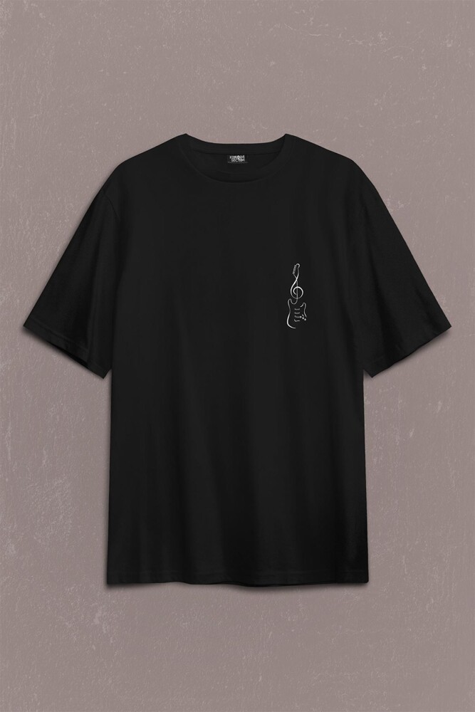 Sol Anahtarı Elektro Gitar Müzik Nota Metallica Sırt Ön Baskılı Oversize Tişört Unisex T-Shirt - 1