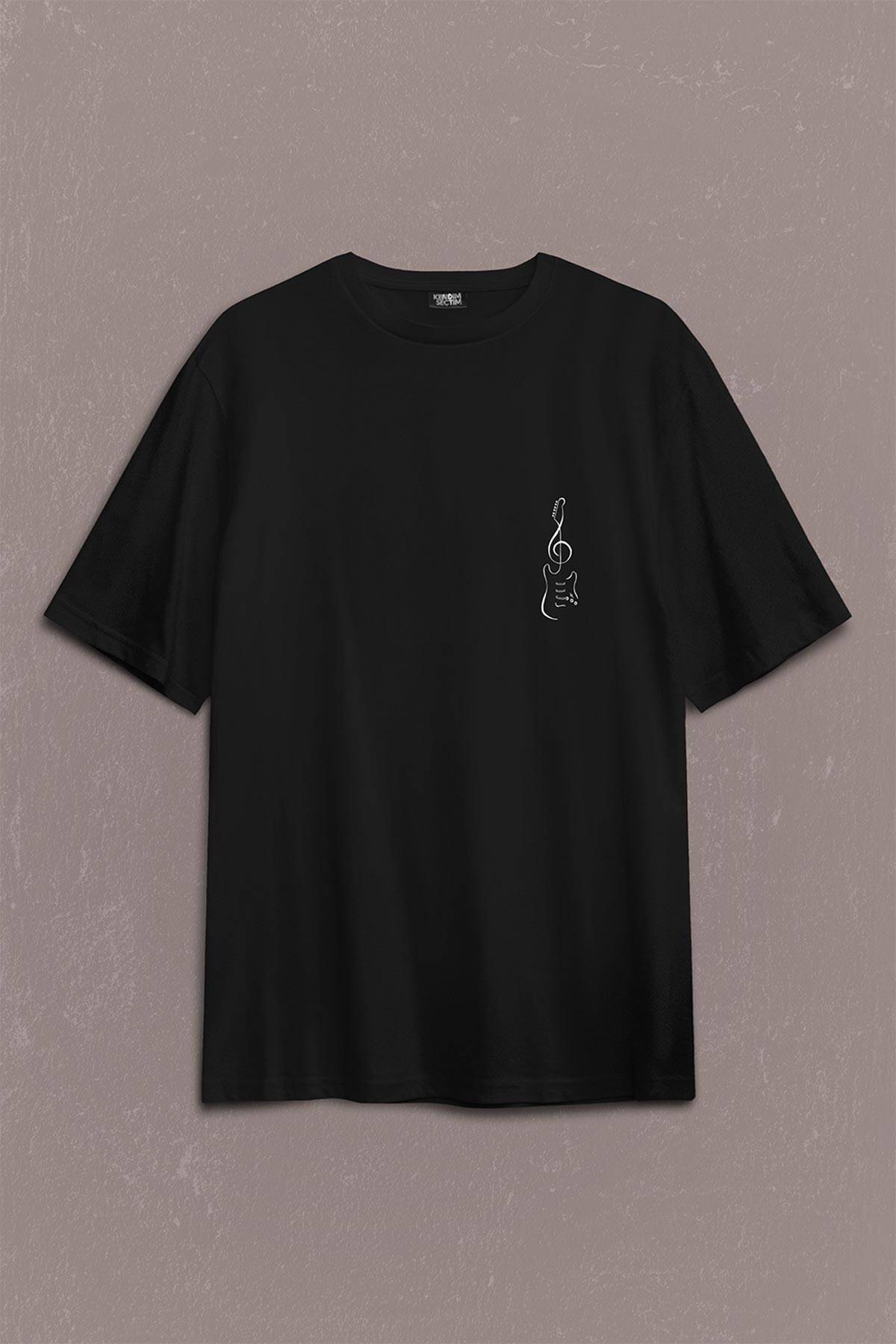 Sol Anahtarı Elektro Gitar Müzik Nota Metallica Sırt Ön Baskılı Oversize Tişört Unisex T-Shirt - 1