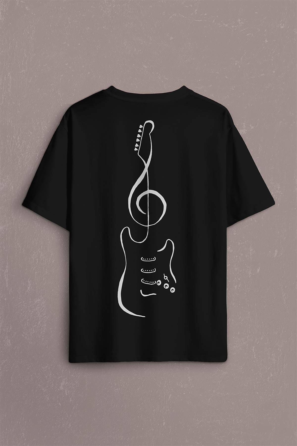 Sol Anahtarı Elektro Gitar Müzik Nota Metallica Sırt Ön Baskılı Oversize Tişört Unisex T-Shirt (1)