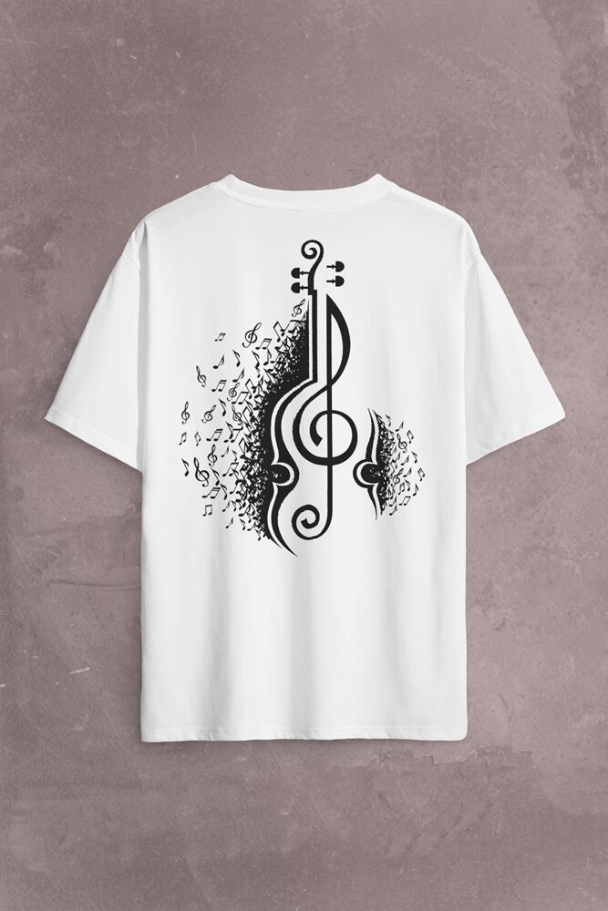 Sol Anahtarı Gitar Guitar Saz Rock Caz Müzik Sırt Ön Baskılı Oversize Tişört Unisex T-Shirt - 2