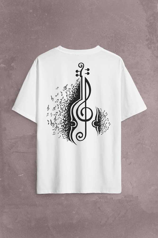 Sol Anahtarı Gitar Guitar Saz Rock Caz Müzik Sırt Ön Baskılı Oversize Tişört Unisex T-Shirt (1)