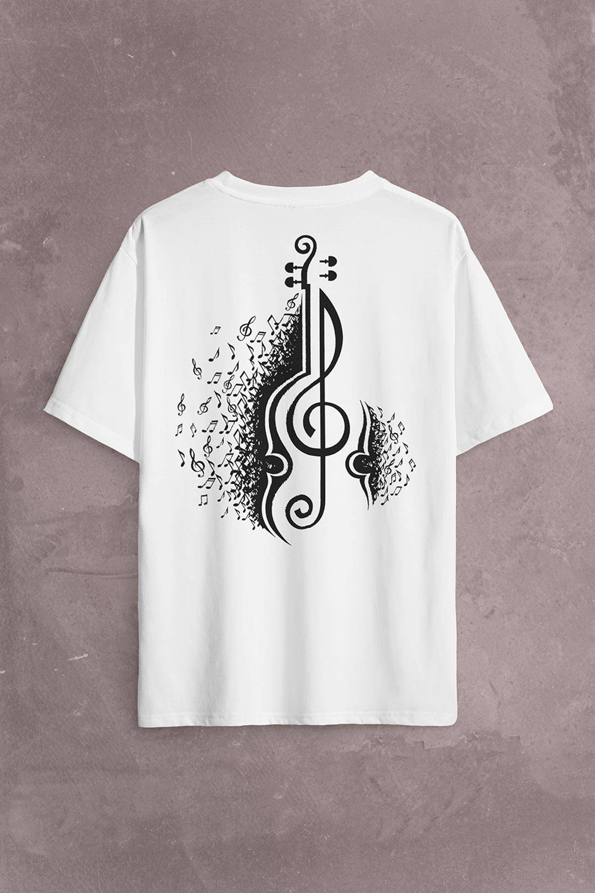 Sol Anahtarı Gitar Guitar Saz Rock Caz Müzik Sırt Ön Baskılı Oversize Tişört Unisex T-Shirt (1)
