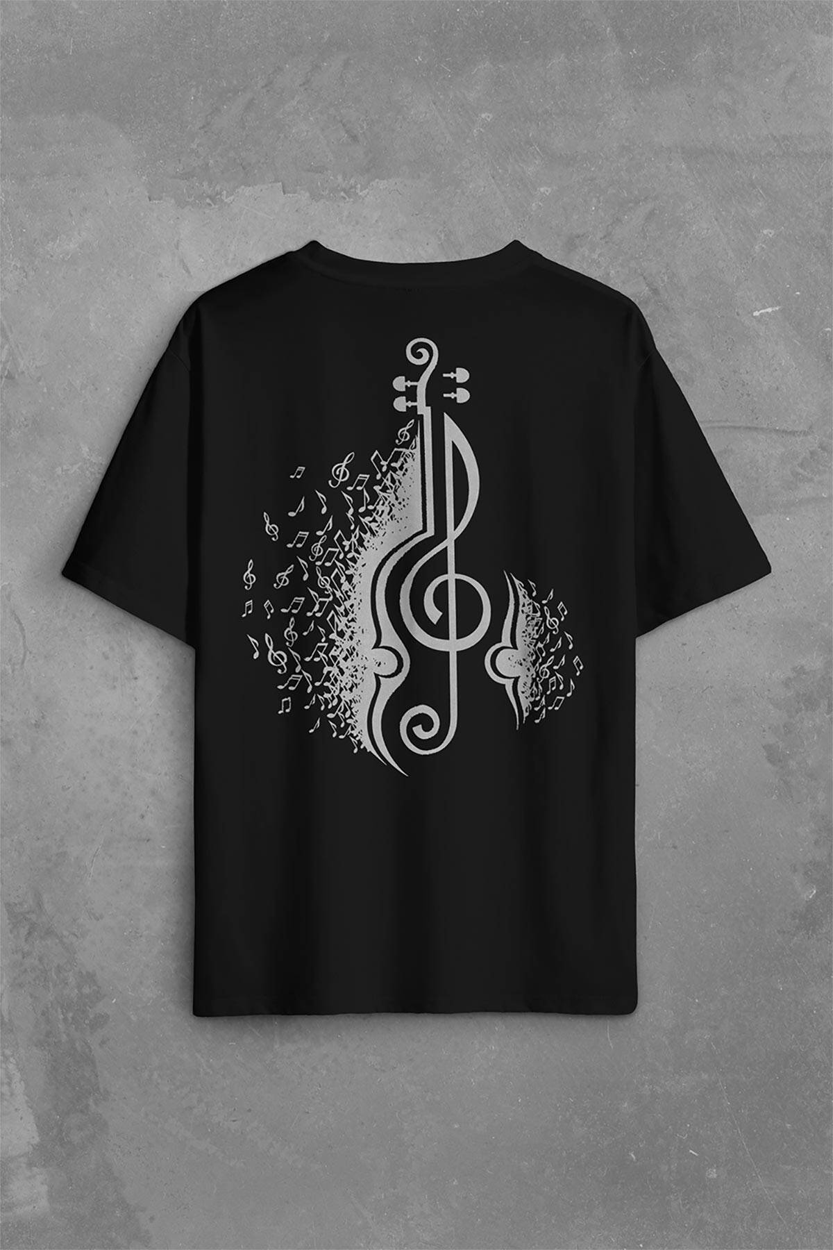Sol Anahtarı Gitar Guitar Saz Rock Caz Müzik Sırt Ön Baskılı Oversize Tişört Unisex T-Shirt - 2