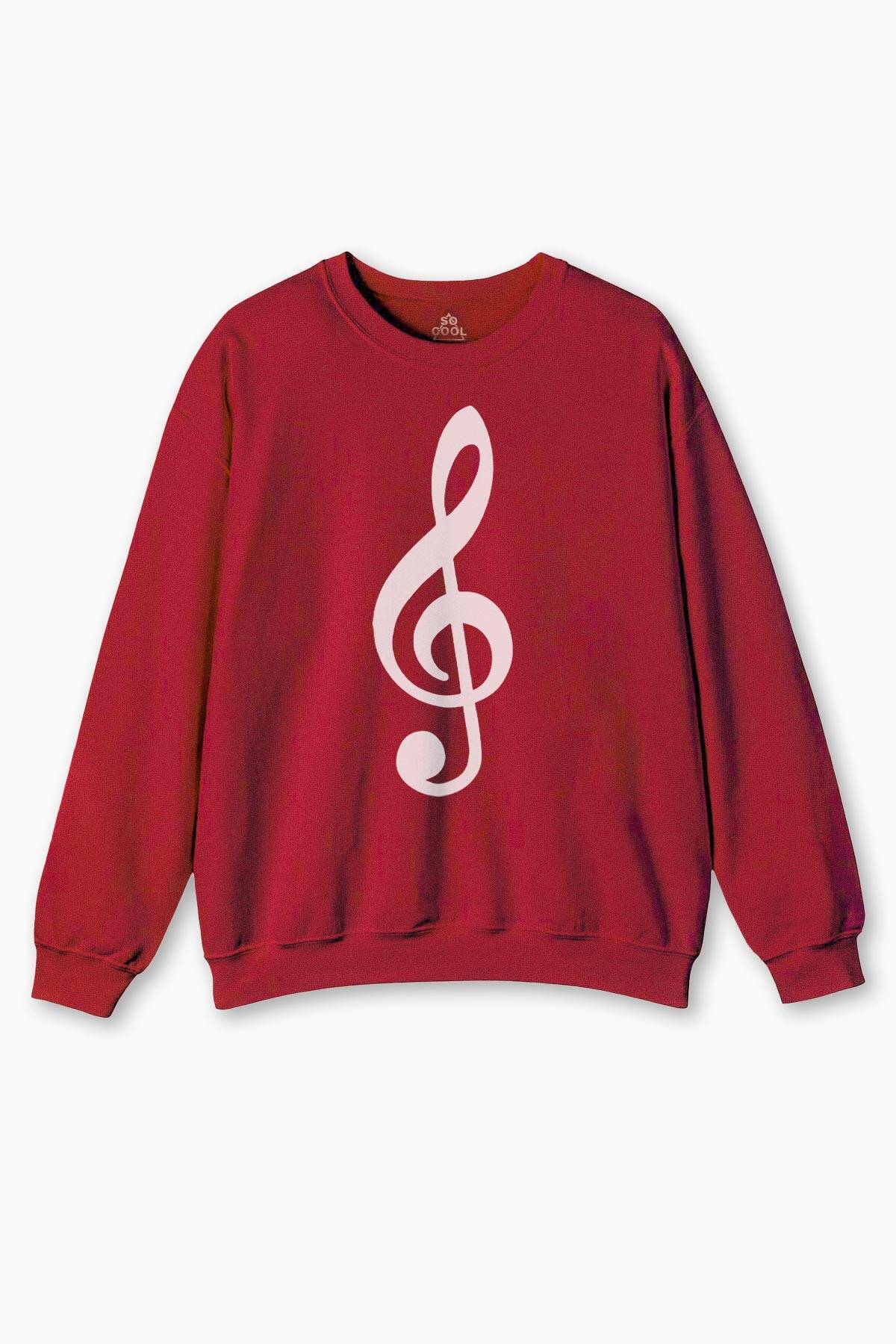 Sol Anahtarı Müzik Nota Es Gitar Saz Bağlama Baskılı Sweat Kırmızı Sweatshirt - 1