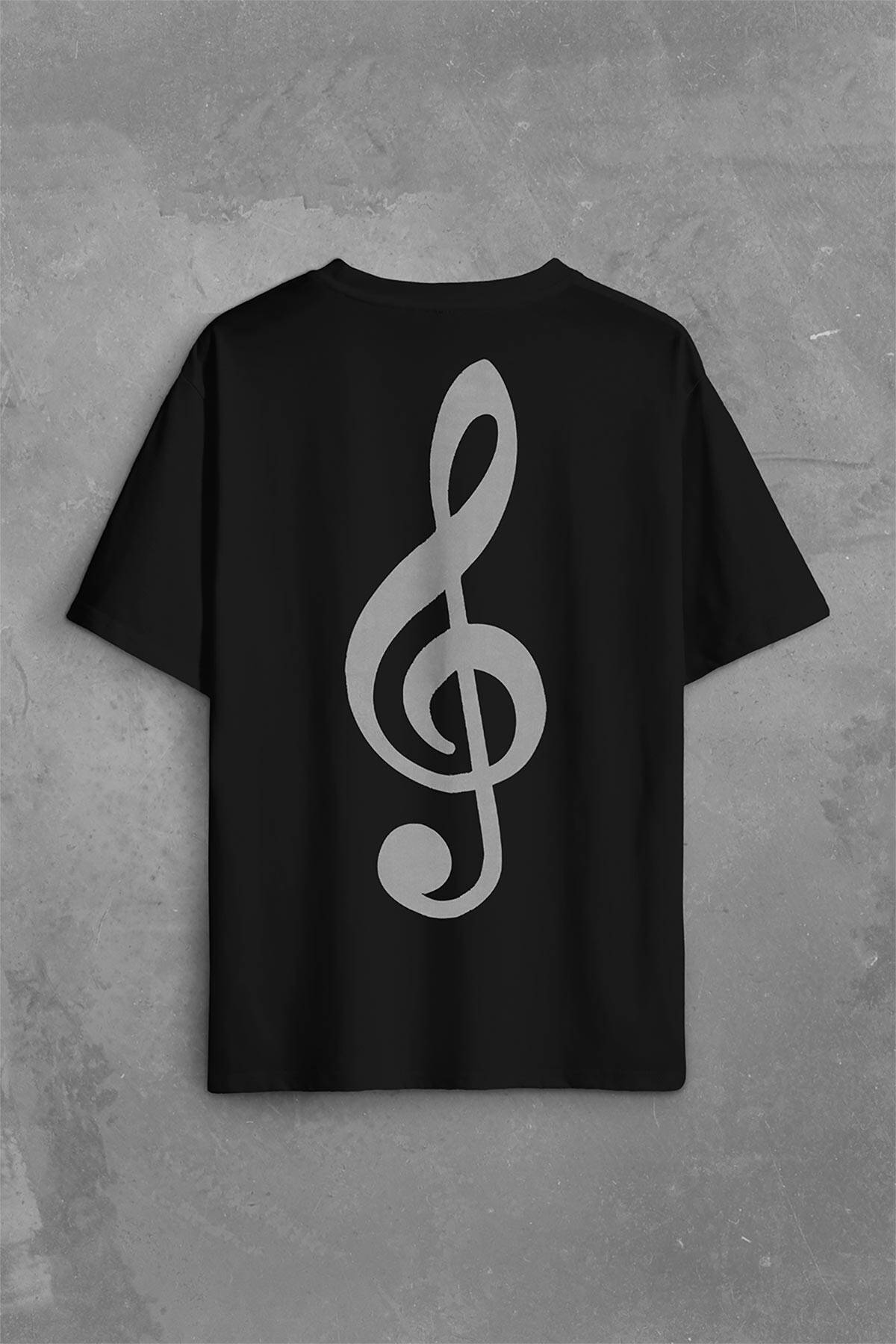 Sol Anahtarı Müzik Nota Es Gitar Saz Bağlama Sırt Ön Baskılı Oversize Tişört Unisex T-Shirt - 2