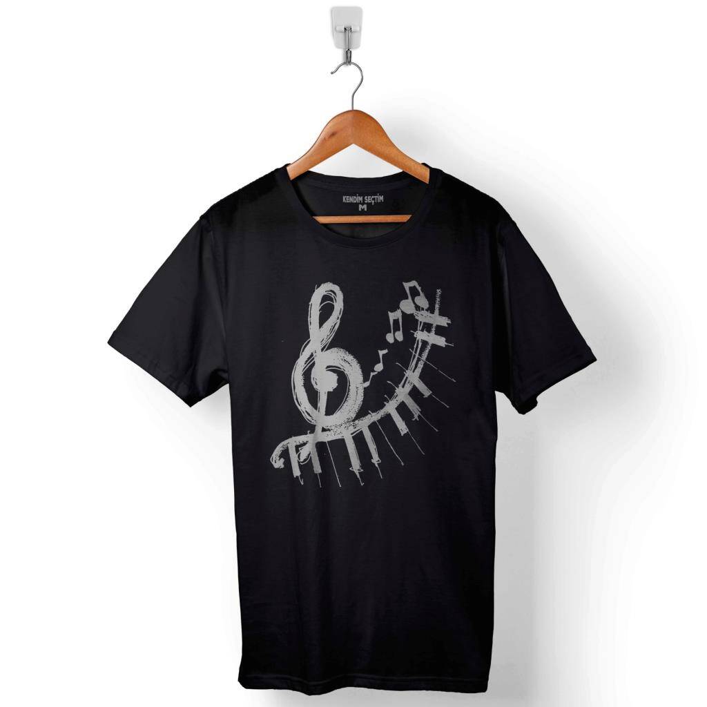 Sol Anahtarı Nota Perde Müzik Baskılı Tişört Unisex T-Shirt - 1