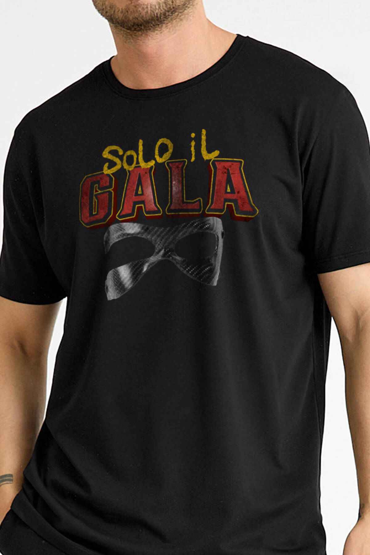 Solo il Gala Sadece Sarı Kırmızı Maske Baskılı T-shirt Siyah Tişört - 1