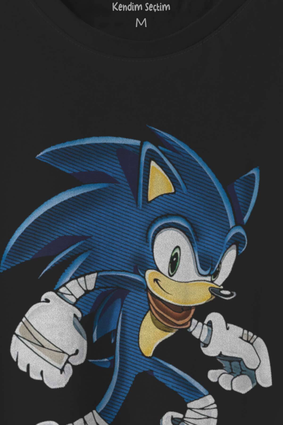 Sonic The Hedgehog Boom Cartoon Sonic Baskılı Siyah T-shirt Unisex Tişört - 2