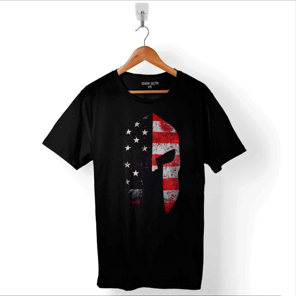 Spartan Helmet Kask 300 SpartAli American Flag Baskılı Tişört Unisex T-Shirt - 1