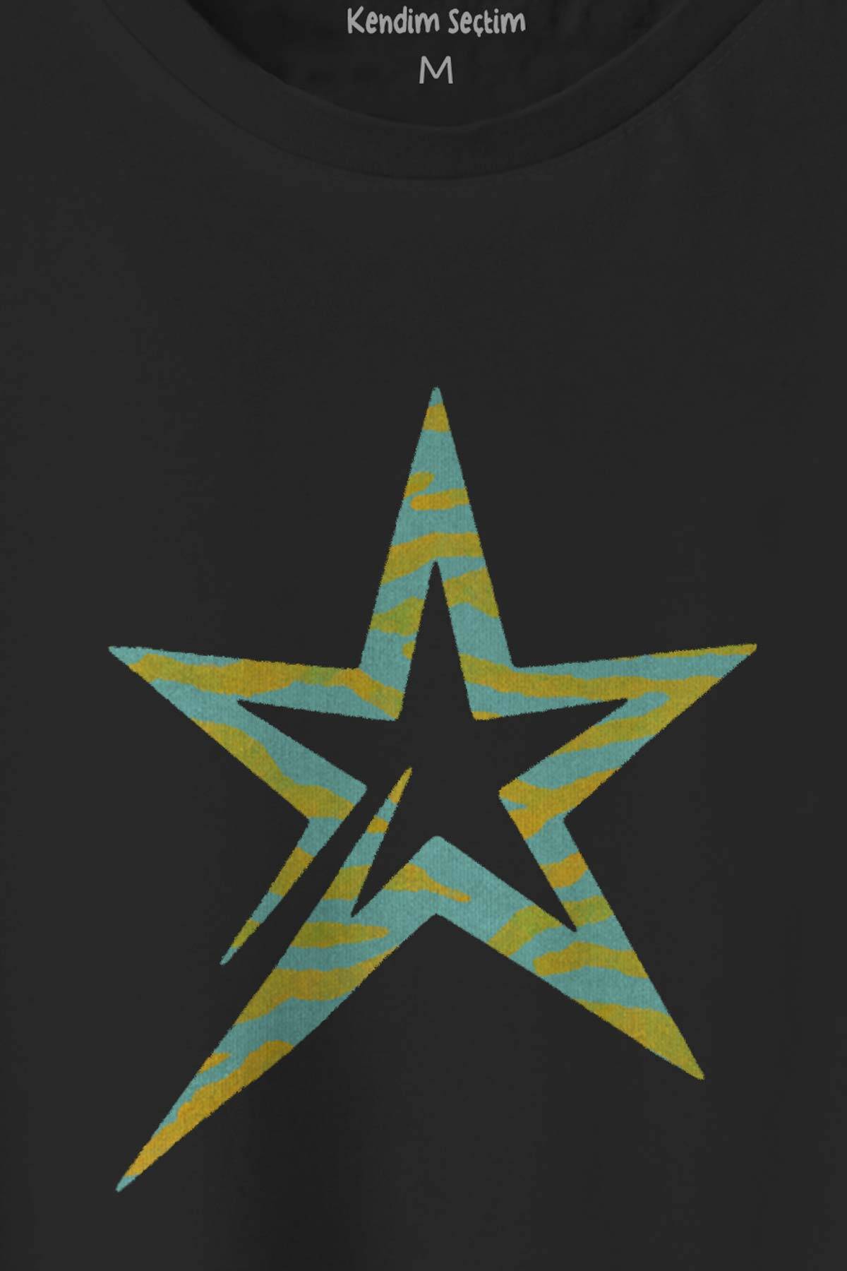 Star Y2k Colorful Renkli Yıldız Baskılı Siyah Tişört Unisex T-shirt - 2