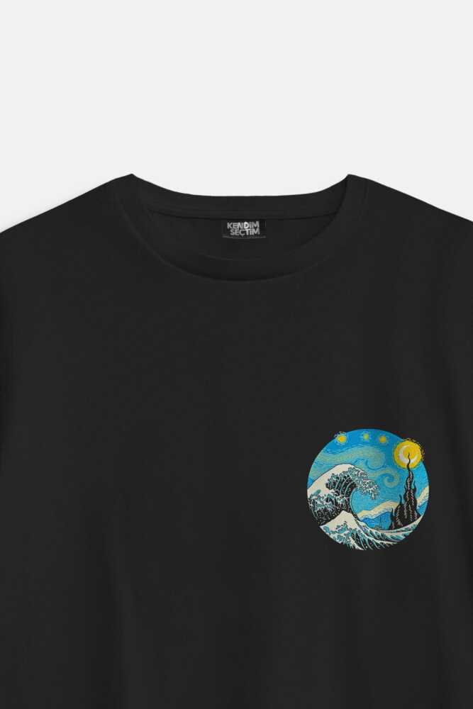 Starry Night Great Wave Hokusai Van Gogh Art Painting Sanat Minimal Baskılı Siyah Oversize T-shirt - 3