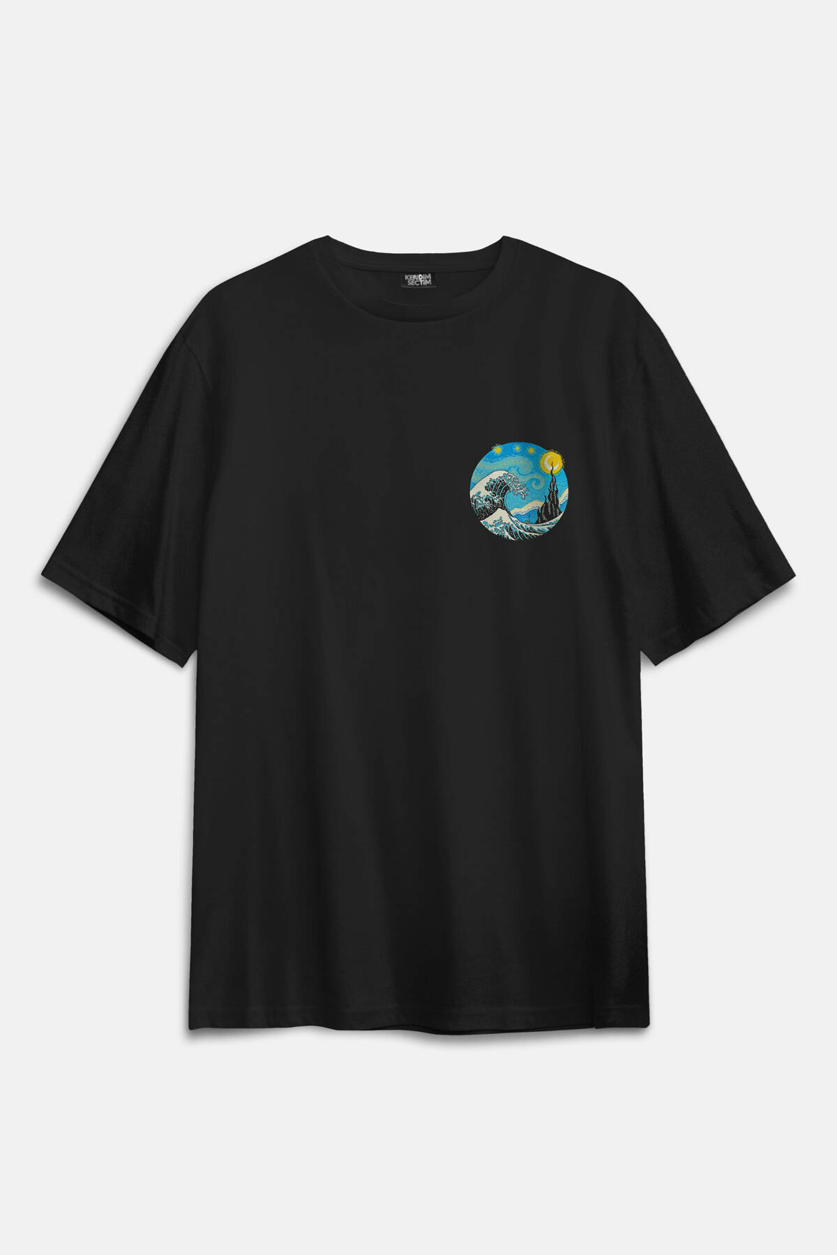 Starry Night Great Wave Hokusai Van Gogh Art Painting Sanat Minimal Baskılı Siyah Oversize T-shirt - 1