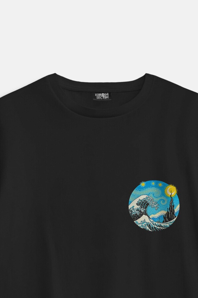 Starry Night Great Wave Hokusai Van Gogh Art Painting Sanat Minimal Baskılı Siyah Oversize T-shirt - 3