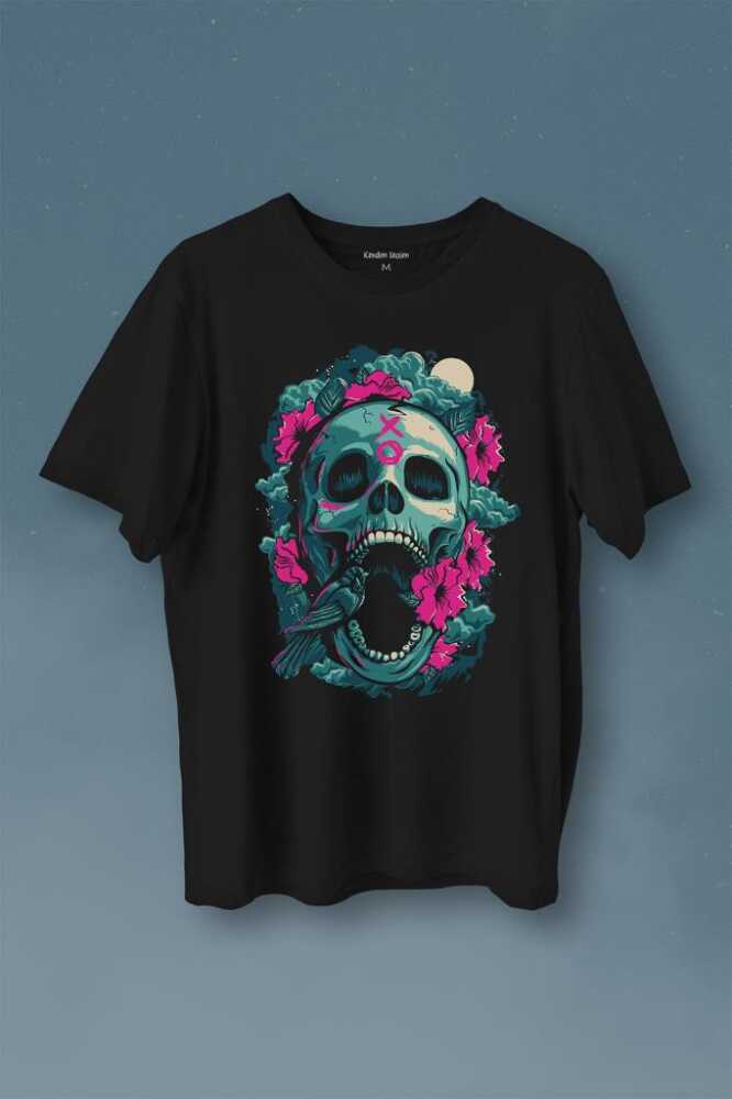 Sugar Skull Skeleton Rose Kuru Kafa Gül Baskılı Tişört Unisex T-Shirt - 1