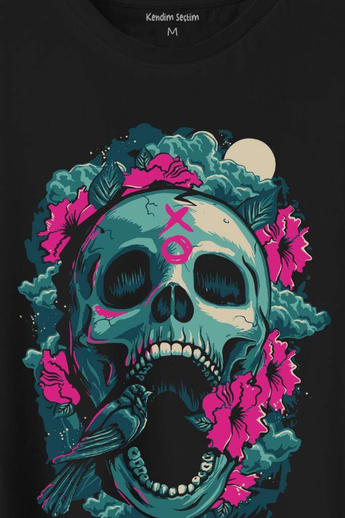 Sugar Skull Skeleton Rose Kuru Kafa Gül Baskılı Tişört Unisex T-Shirt (1)