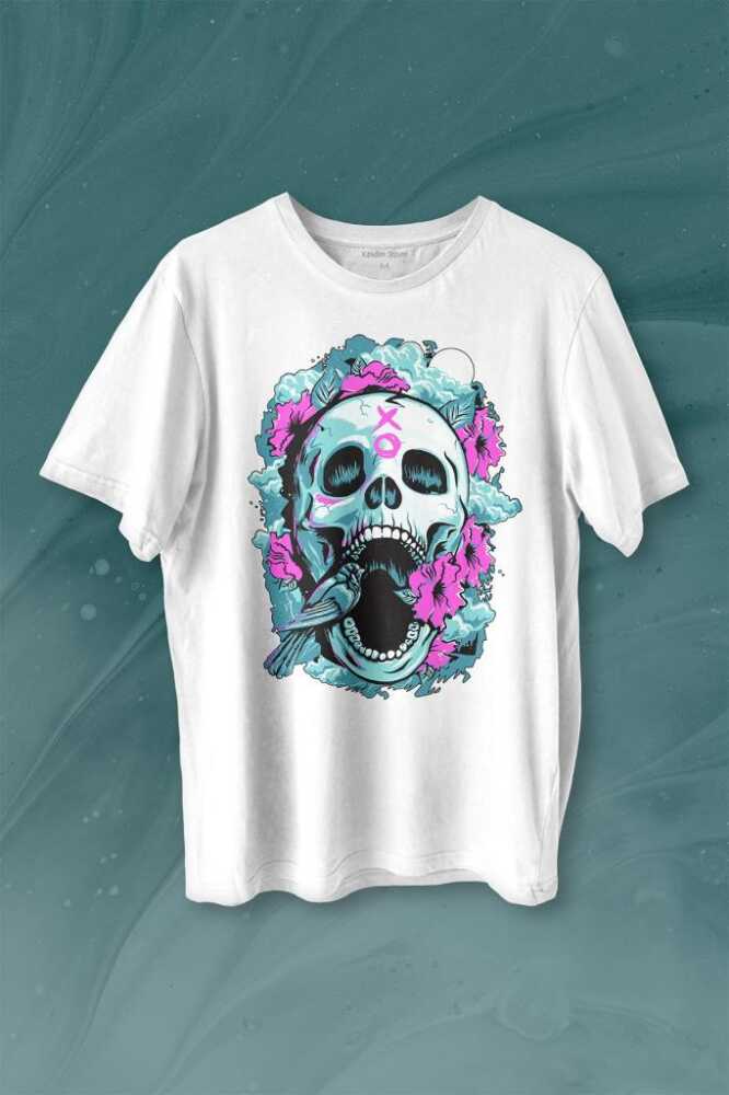Sugar Skull Skeleton Rose Kuru Kafa Gül Baskılı Tişört Unisex T-shirt - 1