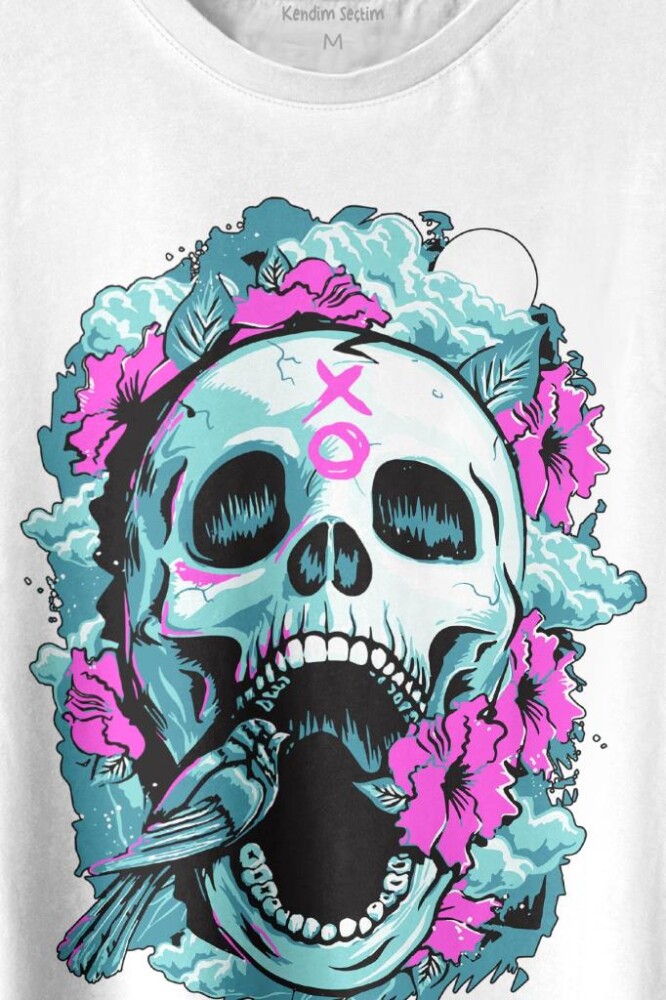 Sugar Skull Skeleton Rose Kuru Kafa Gül Baskılı Tişört Unisex T-shirt - 2