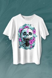 Sugar Skull Skeleton Rose Kuru Kafa Gül Baskılı Tişört Unisex T-shirt - 1