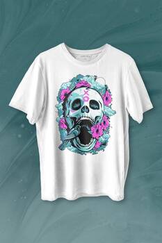 Sugar Skull Skeleton Rose Kuru Kafa Gül Baskılı Tişört Unisex T-shirt - 1