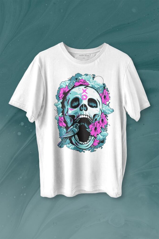 Sugar Skull Skeleton Rose Kuru Kafa Gül Baskılı Tişört Unisex T-shirt - 1