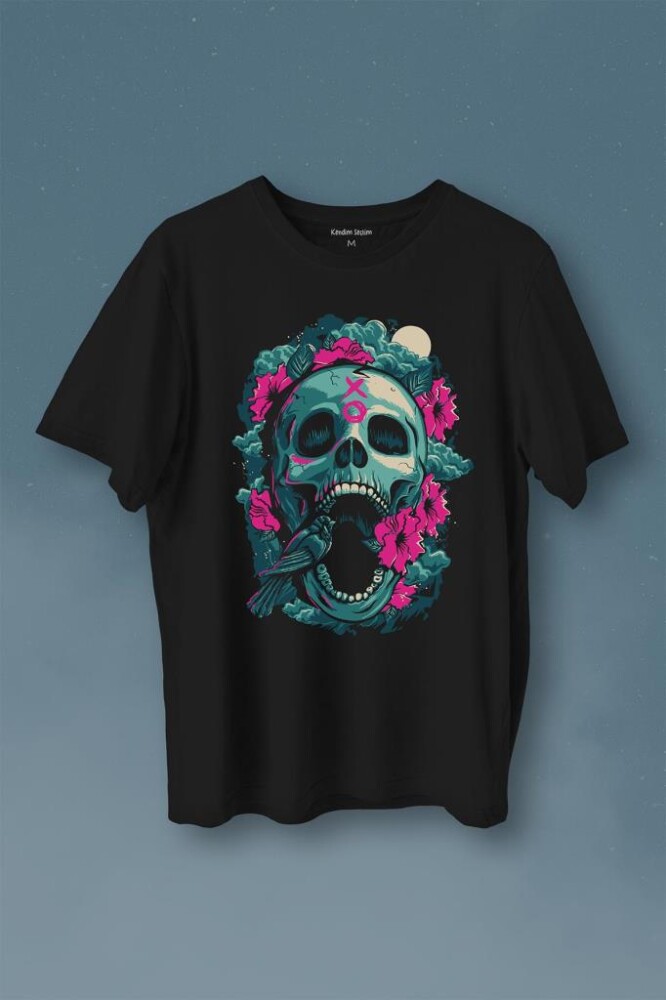 Sugar Skull Skeleton Rose Kuru Kafa Gül Baskılı Tişört Unisex T-Shirt - 1