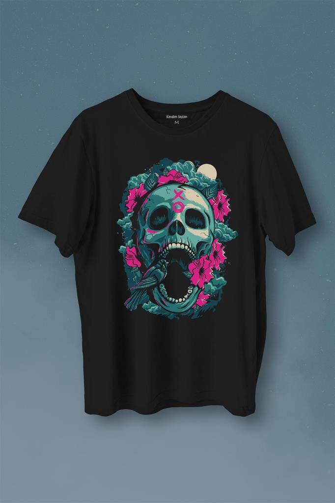 Sugar Skull Skeleton Rose Kuru Kafa Gül Baskılı Tişört Unisex T-Shirt - 1