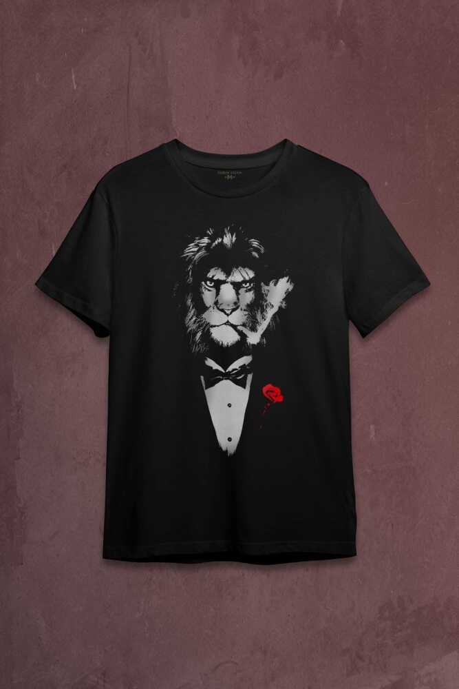 Suit Lion Aslan Takım Elbiseli ve Gül Rose Baskılı Tişört Unisex T-shirt - 1