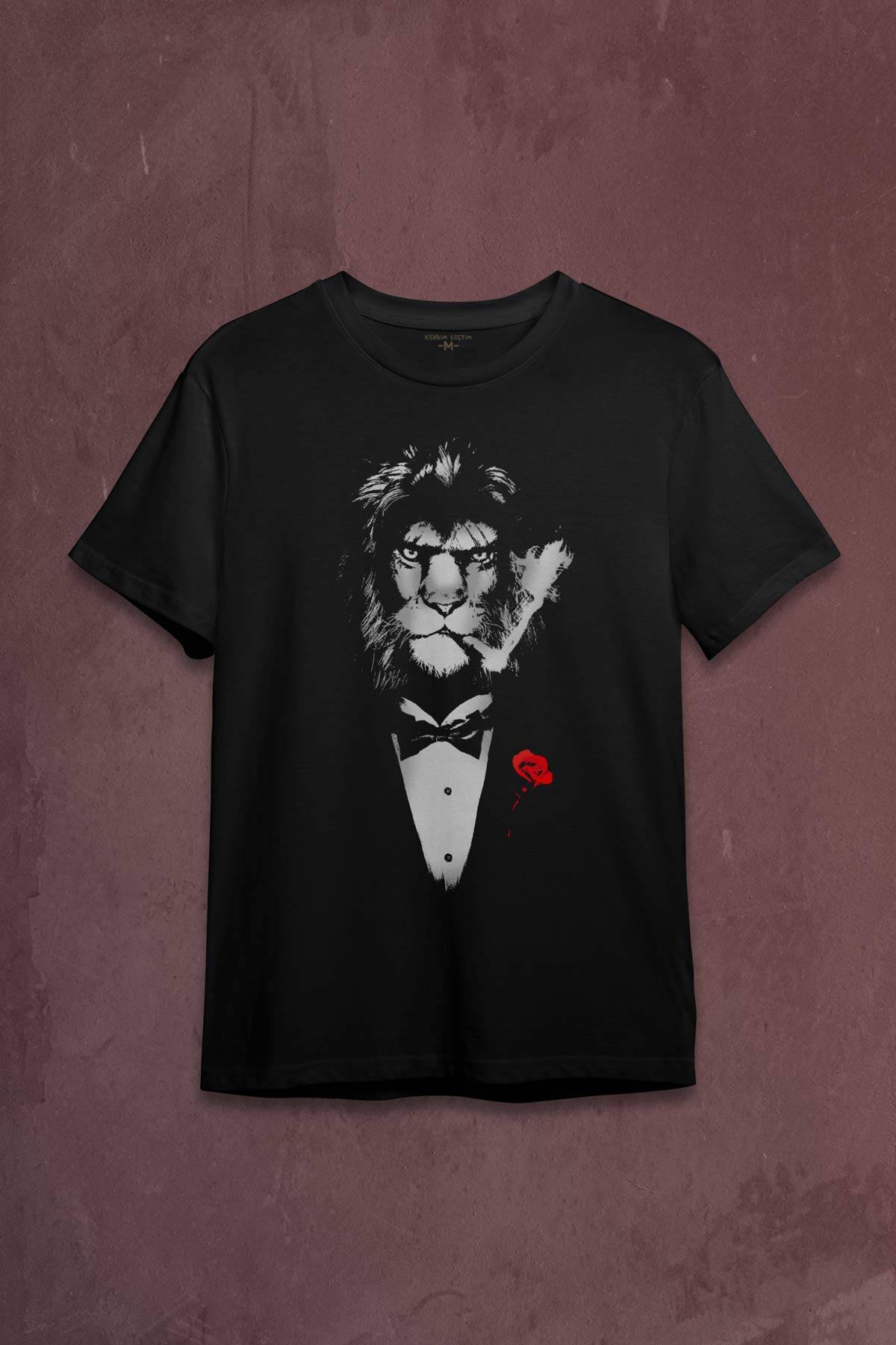 Suit Lion Aslan Takım Elbiseli ve Gül Rose Baskılı Tişört Unisex T-shirt - 1