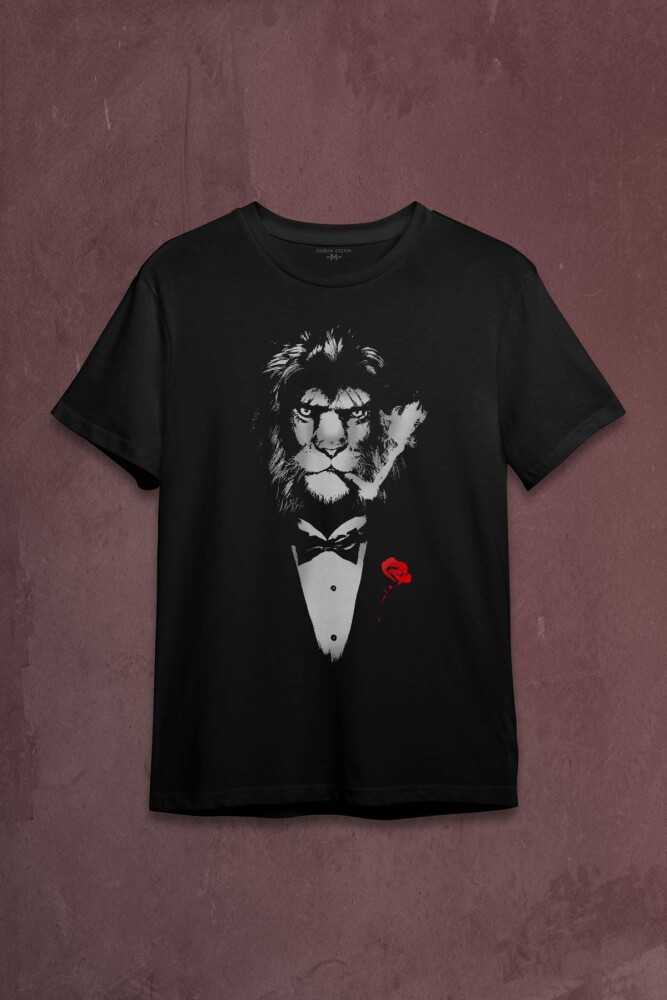 Suit Lion Aslan Takım Elbiseli ve Gül Rose Baskılı Tişört Unisex T-shirt - 1