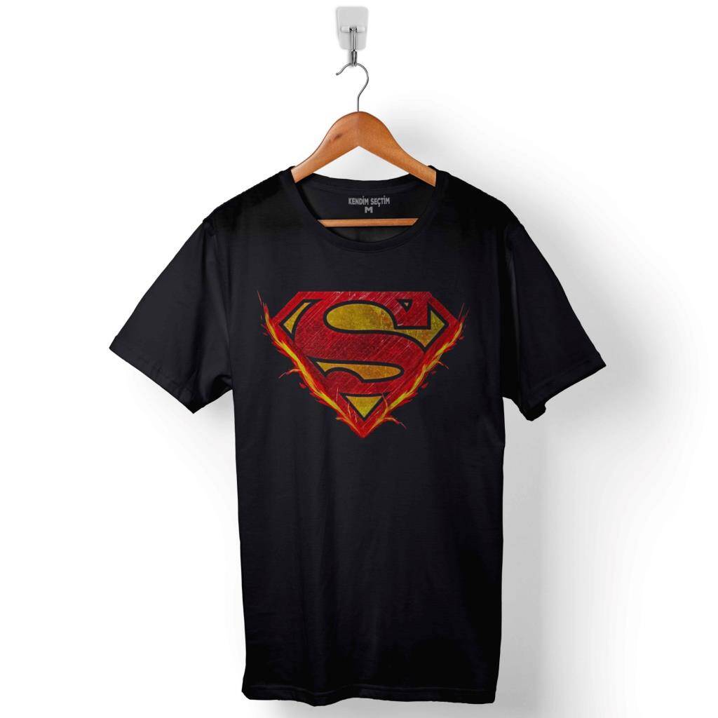 Superman Flame Alev Logo Super Man Baskılı Tişört Unisex T-Shirt - 1