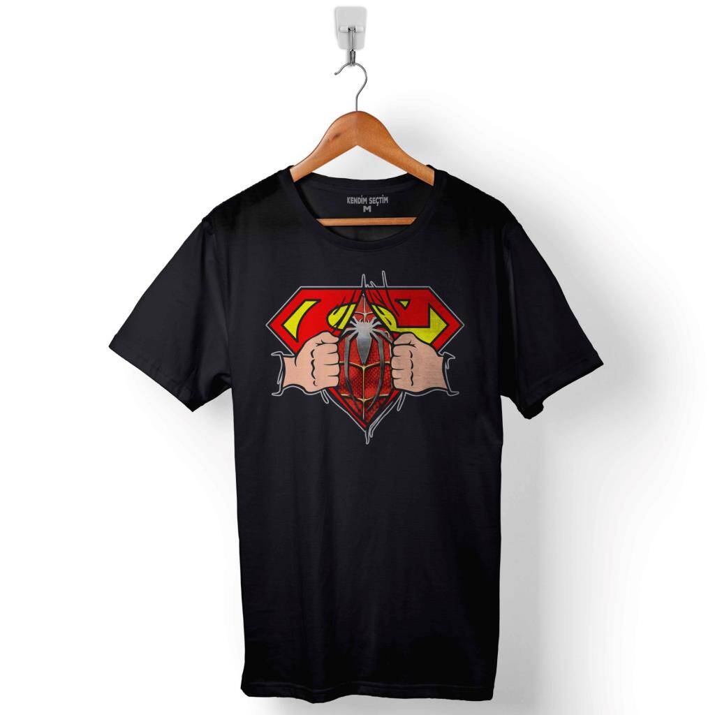 Superman Spiderman Super Spider Man Örümcek Adam Baskılı Tişört Unisex T-Shirt - 1