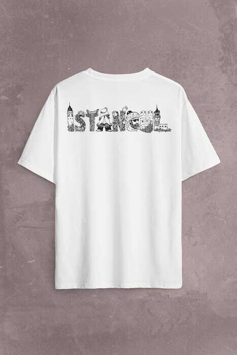 Tarihi İstanbul Silüet Tasarım Osmanlı Sırt Ön Baskılı Oversize Tişört Unisex T-Shirt - 2