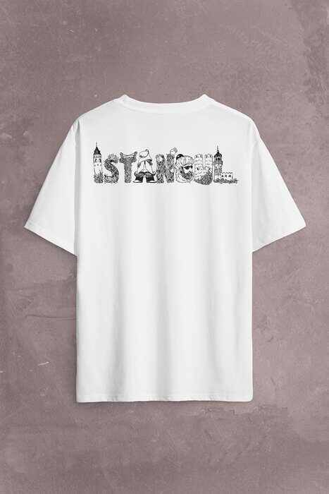 Tarihi İstanbul Silüet Tasarım Osmanlı Sırt Ön Baskılı Oversize Tişört Unisex T-Shirt - 2