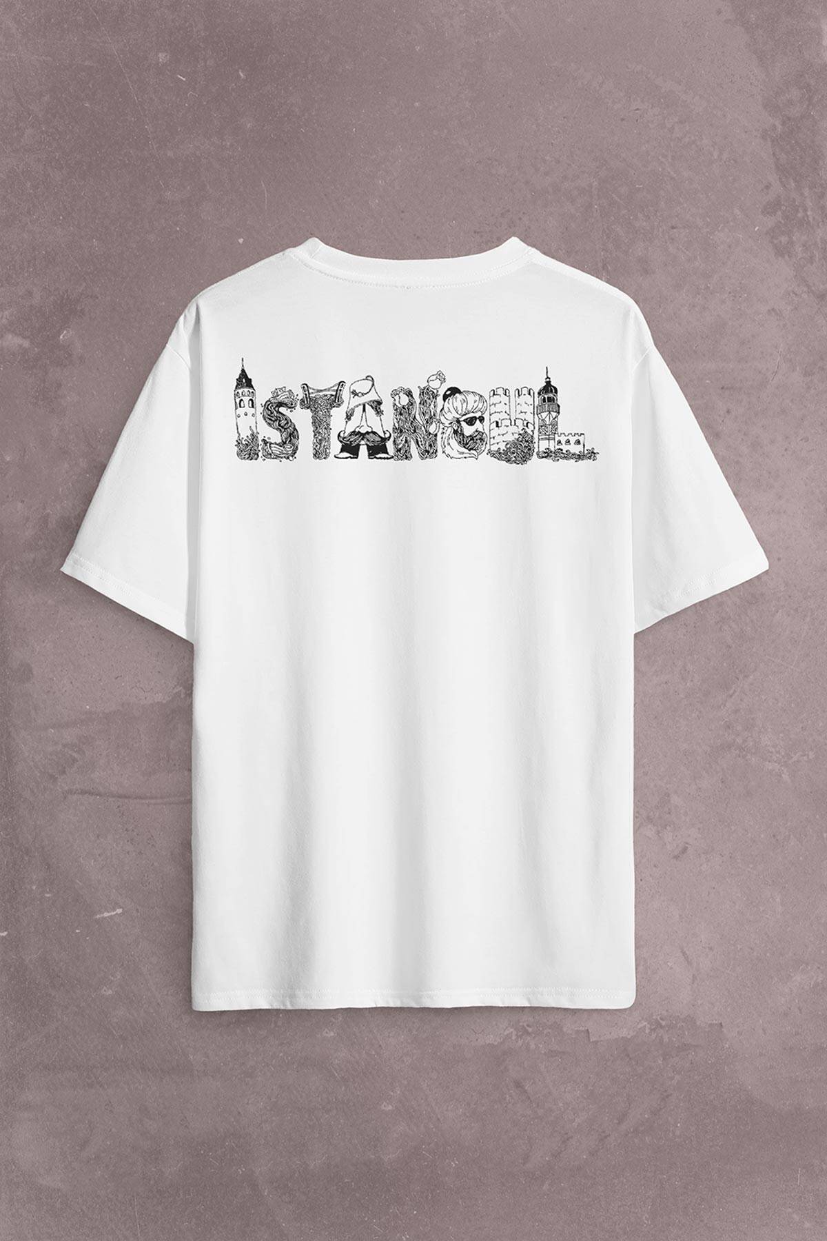 Tarihi İstanbul Silüet Tasarım Osmanlı Sırt Ön Baskılı Oversize Tişört Unisex T-Shirt - 2